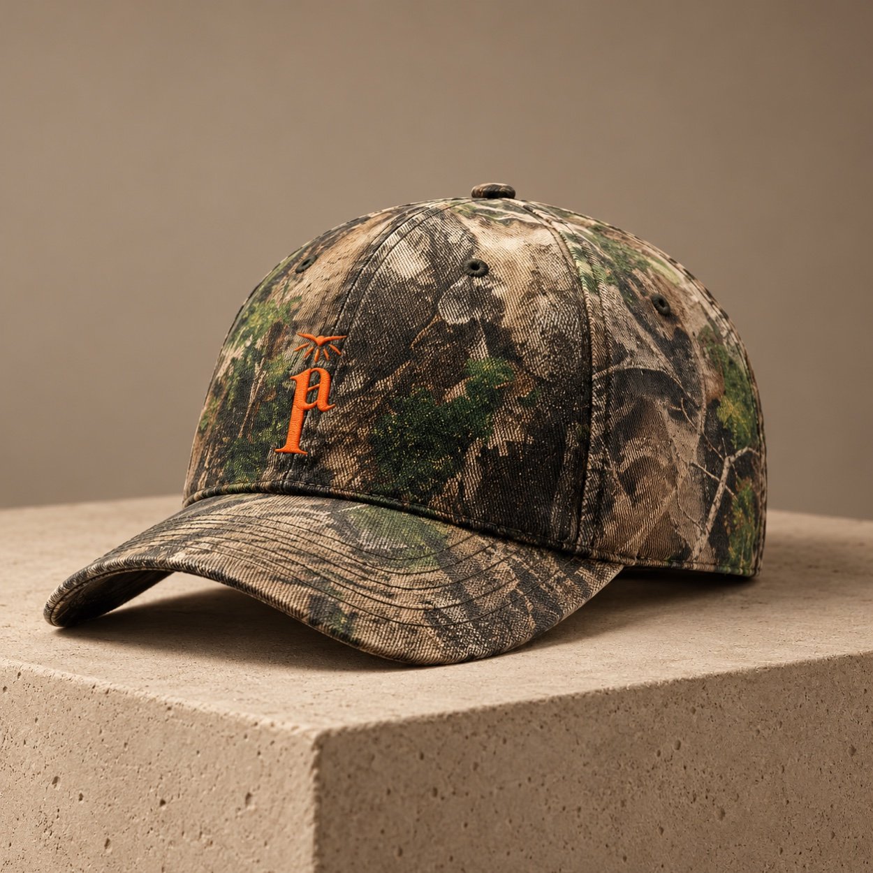 Camouflage cap with orange Pentecost Avenue emblem